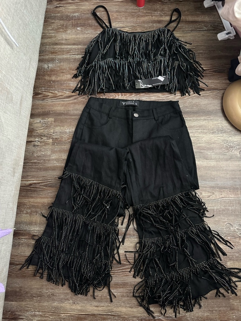 Lucky & Blessed Black Fringe Crop Top and Wide Leg Pants Set - Picture 1 of 3